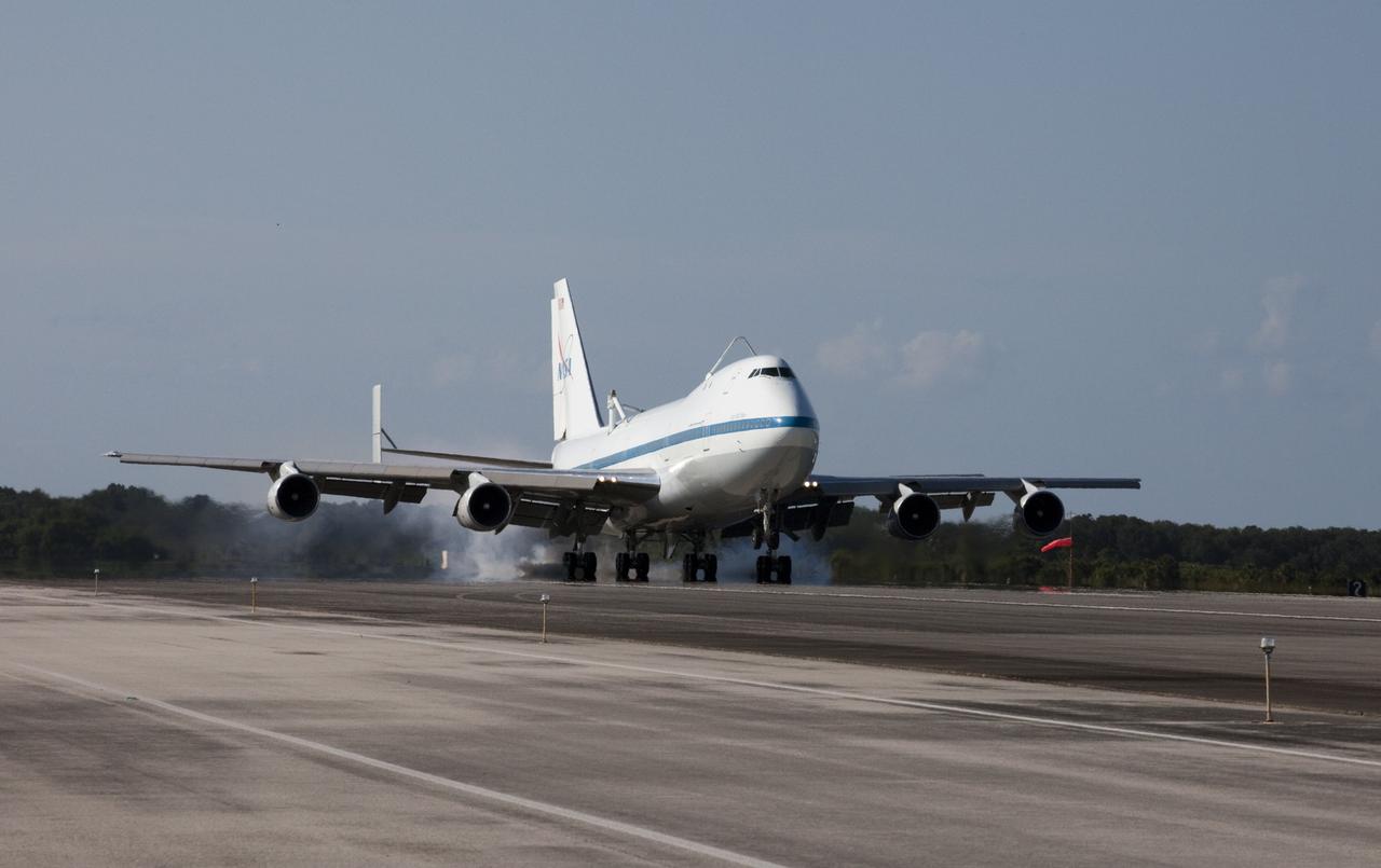 CAPE CANAVERAL, Fla. – The Shuttle Carrier Aircraft, or SCA, touches down on the runway at NASA Kennedy Space Center’s Shuttle Landing Facility in Florida. The SCA touched down at 5:05 p.m. EDT to prepare for shuttle Endeavour’s ferry flight to the Los Angeles International Airport on Sept. 17. Photo credit: NASA/Kim Shiflett