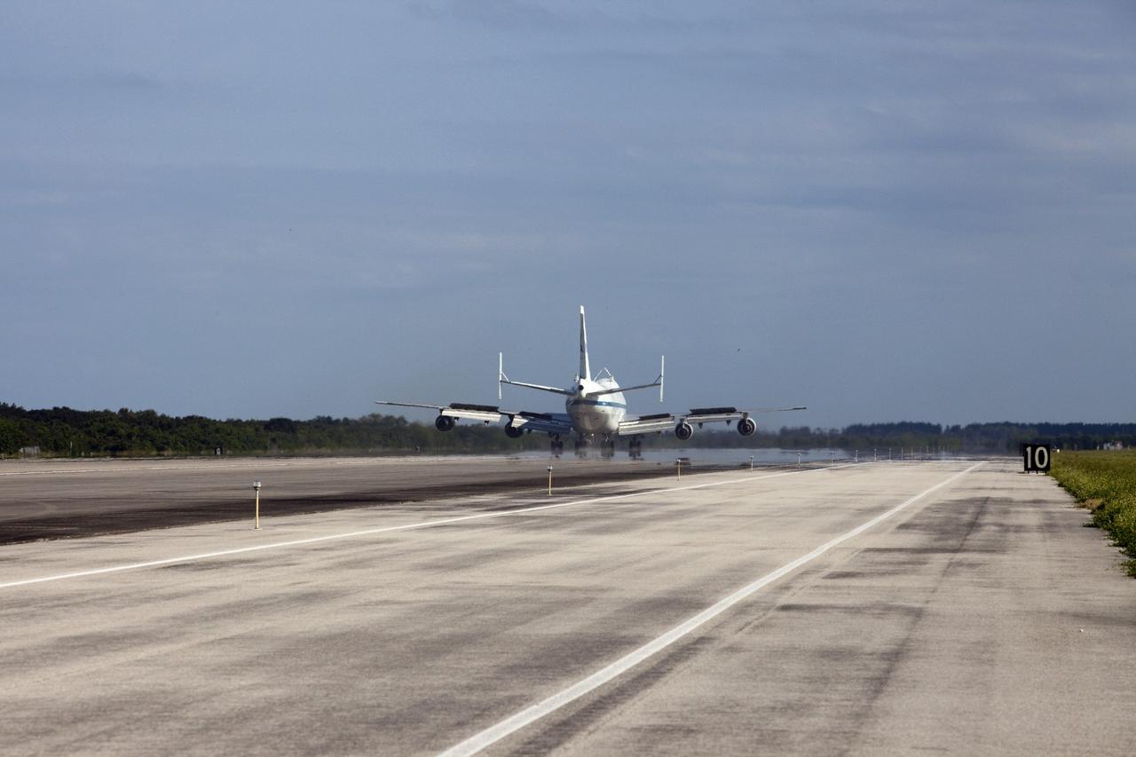 CAPE CANAVERAL, Fla. – The Shuttle Carrier Aircraft, or SCA, rolls down the runway at NASA Kennedy Space Center’s Shuttle Landing Facility in Florida. The SCA touched down at 5:05 p.m. EDT to prepare for shuttle Endeavour’s ferry flight to the Los Angeles International Airport on Sept. 17. Photo credit: NASA/Kim Shiflett
