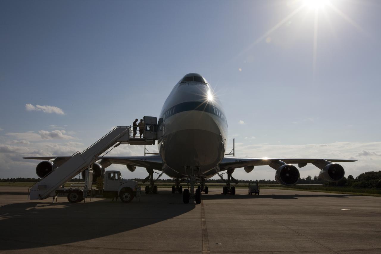 CAPE CANAVERAL, Fla. – The Shuttle Carrier Aircraft, or SCA, parks at the ramp area at NASA Kennedy Space Center’s Shuttle Landing Facility in Florida. The SCA touched down at 5:05 p.m. EDT to prepare for shuttle Endeavour’s ferry flight to the Los Angeles International Airport on Sept. 17. Photo credit: NASA/Kim Shiflett