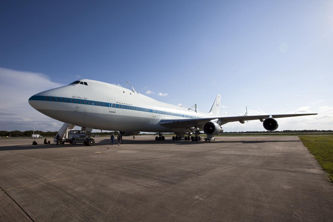 CAPE CANAVERAL, Fla. – The Shuttle Carrier Aircraft, or SCA, parks at the ramp area at NASA Kennedy Space Center’s Shuttle Landing Facility in Florida. The SCA touched down at 5:05 p.m. EDT to prepare for shuttle Endeavour’s ferry flight to the Los Angeles International Airport on Sept. 17. Photo credit: NASA/Kim Shiflett