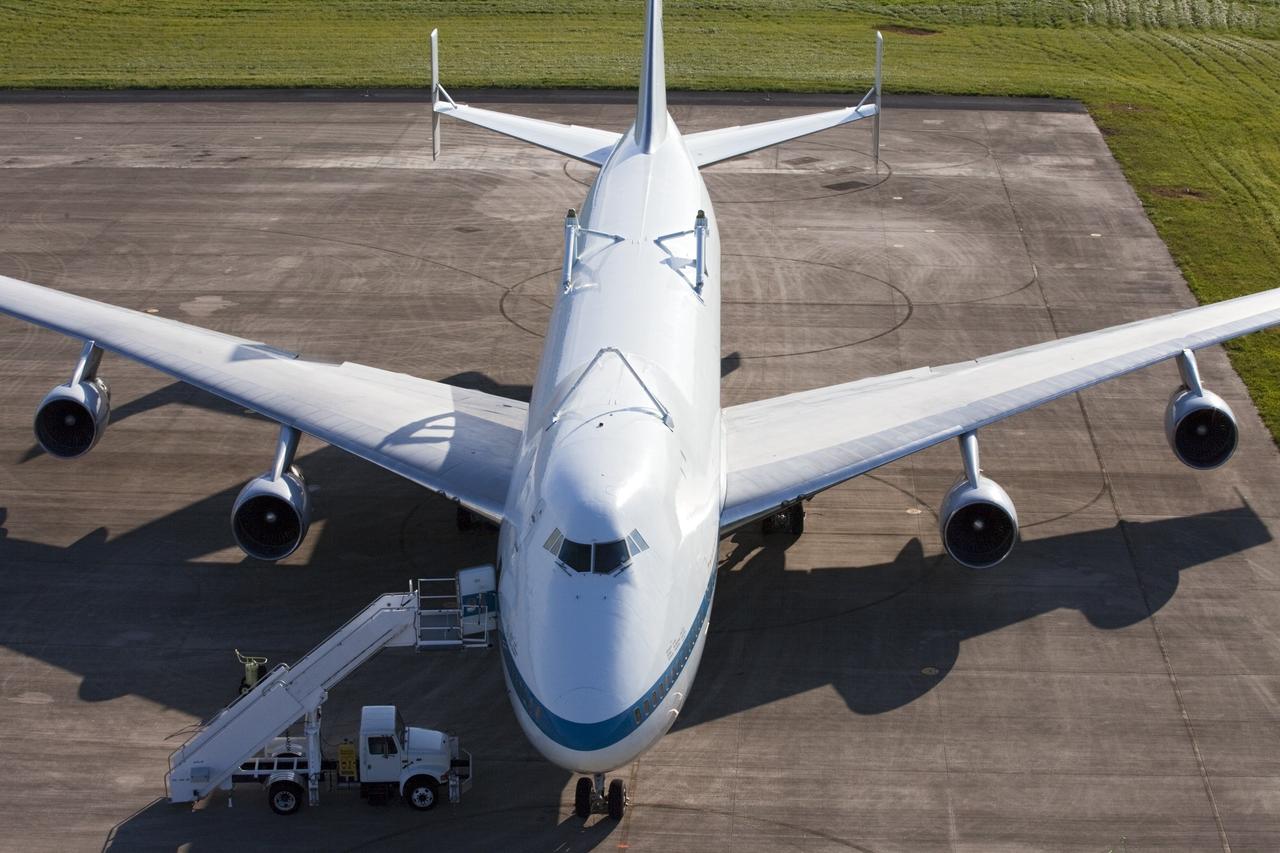 CAPE CANAVERAL, Fla. – The Shuttle Carrier Aircraft, or SCA, parks at the ramp area at NASA Kennedy Space Center’s Shuttle Landing Facility in Florida. The SCA touched down at 5:05 p.m. EDT to prepare for shuttle Endeavour’s ferry flight to the Los Angeles International Airport on Sept. 17. Photo credit: NASA/Kim Shiflett