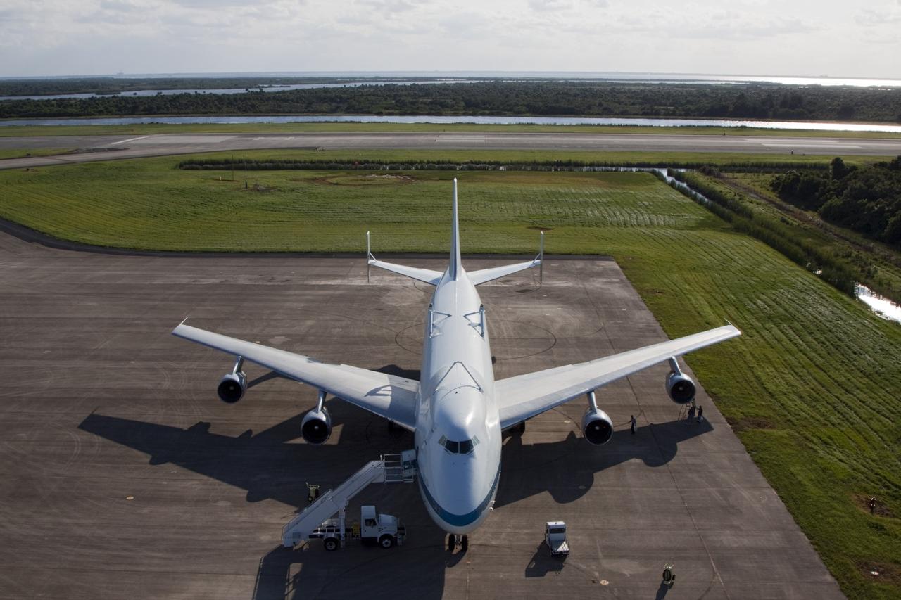 CAPE CANAVERAL, Fla. – The Shuttle Carrier Aircraft, or SCA, parks at the ramp area at NASA Kennedy Space Center’s Shuttle Landing Facility in Florida. The SCA touched down at 5:05 p.m. EDT to prepare for shuttle Endeavour’s ferry flight to the Los Angeles International Airport on Sept. 17. Photo credit: NASA/Kim Shiflett