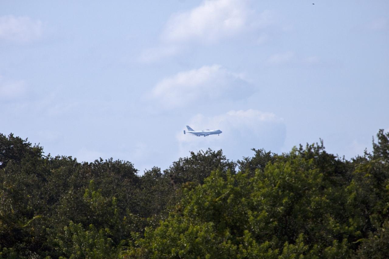 CAPE CANAVERAL, Fla. – The Shuttle Carrier Aircraft, or SCA, approaches the runway at NASA Kennedy Space Center’s Shuttle Landing Facility in Florida. The SCA touched down at 5:05 p.m. EDT to prepare for shuttle Endeavour’s ferry flight to the Los Angeles International Airport on Sept. 17. Photo credit: NASA/Jim Grossmann