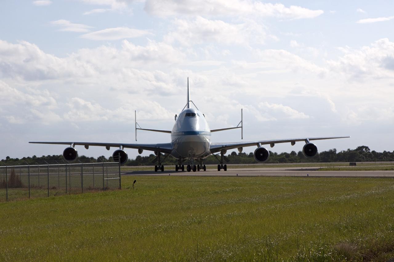CAPE CANAVERAL, Fla. – The Shuttle Carrier Aircraft, or SCA, rolls onto the ramp area at NASA Kennedy Space Center’s Shuttle Landing Facility in Florida. The SCA touched down at 5:05 p.m. EDT to prepare for shuttle Endeavour’s ferry flight to the Los Angeles International Airport on Sept. 17. The Mate/Demate Device, or MDD, is located at the ramp area and will be used to hoist and lower Endeavour onto the back of the SCA. Photo credit: NASA/Jim Grossmann