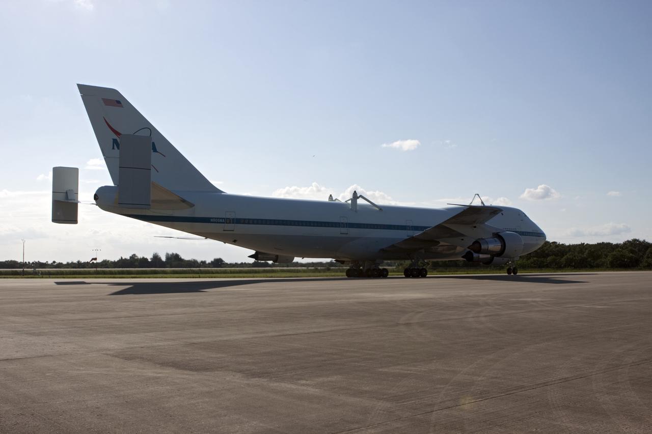 CAPE CANAVERAL, Fla. – The Shuttle Carrier Aircraft, or SCA, rolls onto the ramp area at NASA Kennedy Space Center’s Shuttle Landing Facility in Florida. The SCA touched down at 5:05 p.m. EDT to prepare for shuttle Endeavour’s ferry flight to the Los Angeles International Airport on Sept. 17. The Mate/Demate Device, or MDD, is located at the ramp area and will be used to hoist and lower Endeavour onto the back of the SCA. Photo credit: NASA/Jim Grossmann