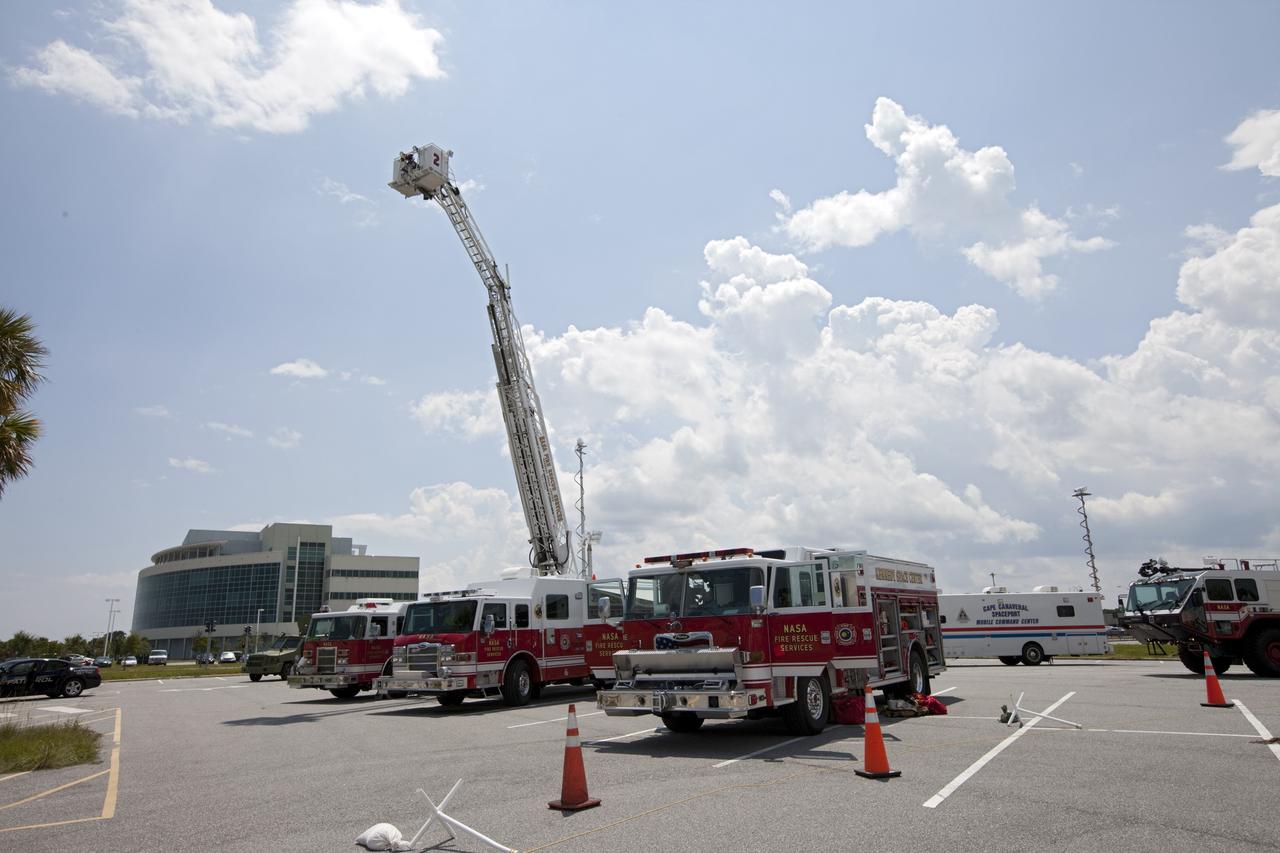 CAPE CANAVERAL, Fla. – At NASA’s Kennedy Space Center in Florida, Fire and Rescue and Protective Services vehicles are on display outside of the Vehicle Assembly Building during the center’s 2012 Innovation Expo.    The center-wide event gave researchers a chance to show some of their work to others at the center and gave employees the opportunity to see facilities they hadn’t seen before. Photo credit: NASA/Kim Shiflett