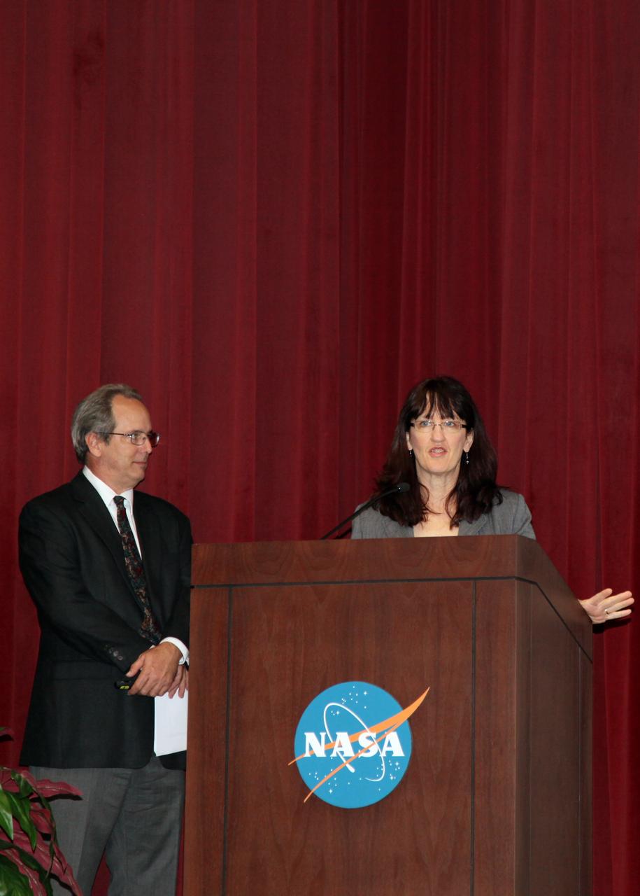 CAPE CANAVERAL, Fla. – During NASA's Innovation Expo at the Kennedy Space Center in Florida, Annie Williams, of NASA's Medical and Environmental Management Division, proposes an innovation to recycling space hardware as art. Kennedy Kick-Start Chair Mike Conroy looks on from the left. As Kennedy continues developing programs and infrastructure to become a 21st century spaceport, many employees are devising ways to do their jobs better and more efficiently. On Sept. 6, 2012, 16 Kennedy employees pitched their innovative ideas for improving the center at the Kennedy Kick-Start event. The competition was part of a center-wide effort designed to increase exposure for innovative ideas and encourage their implementation. For more information, visit http://www.nasa.gov/centers/kennedy/news/kick-start_competition.html Photo credit: NASA/Gianni Woods
