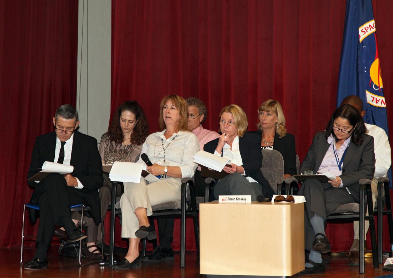 CAPE CANAVERAL, Fla. – An eight-member Kick-Start selection panel listens during a presentation by a Kennedy Space Center employee. Seated in the front row, left to right, are Bob Cabana, center director, Joyce Riquelme, director of Center Planning and Development, Susan Kroskey, center chief financial officer, and Josephine Burnett, director of International Space Station Ground Processing and Research. Back row, left to right are Tracy Anania Wetrich, director of Human Resources, Russell Romanella, director of Safety and Mission Assurance, Nancy Bray, deputy director of Center Operations, and Kelvin Manning, center associate director.      As Kennedy continues developing programs and infrastructure to become a 21st century spaceport, many employees are devising ways to do their jobs better and more efficiently. On Sept. 6, 2012, 16 Kennedy employees pitched their innovative ideas for improving the center at the Kennedy Kick-Start event. The competition was part of a center-wide effort designed to increase exposure for innovative ideas and encourage their implementation. For more information, visit http://www.nasa.gov/centers/kennedy/news/kick-start_competition.html Photo credit: NASA/Gianni Woods