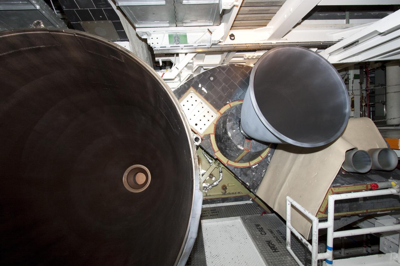 CAPE CANAVERAL, Fla. – In Bay 2 of the Orbiter Processing Facility at NASA's Kennedy Space Center in Florida, an Orbital Maneuvering System engine nozzle has just been installed on the space shuttle Atlantis. The orbiter is undergoing final preparations for its transfer to the Kennedy Space Center Visitor Complex targeted for November. The work is part of Transition and Retirement of the remaining space shuttles, Atlantis and Endeavour. Atlantis is being prepared for public display at Kennedy's Visitor Complex. Over the course of its 26-year career, Atlantis spent 293 days in space during 33 missions. For more information, visit http://www.nasa.gov/transition Photo credit: NASA/Jim Grossmann