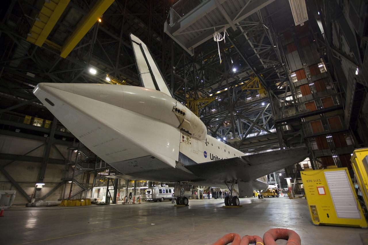 CAPE CANAVERAL, Fla. –Space shuttle Endeavour is readied for its move out of the Vehicle Assembly Building to the Mate-Demate Device, or MDD, at NASA's Kennedy Space Center in Florida. The MDD is located at the Shuttle Landing Facility at Kennedy. The shuttle will be lifted and connected to the top of NASA's Shuttle Carrier Aircraft SCA, a modified 747 jetliner. The shuttle has been fitted with an aerodynamic tailcone for its flight aboard the SCA to Los Angeles where it will be placed on public display. Photo credit: NASA/Kim Shiflett