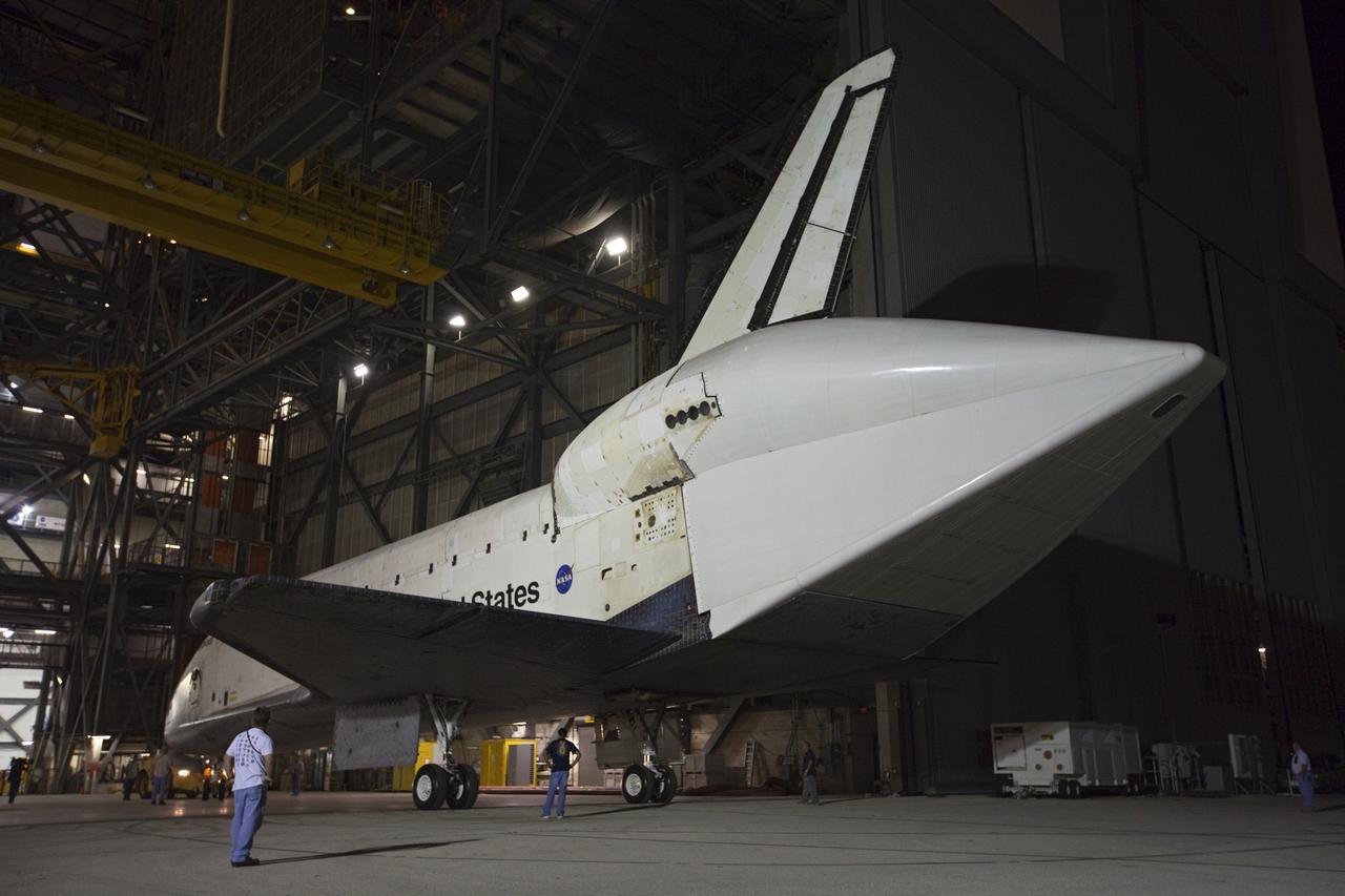 CAPE CANAVERAL, Fla. – Space shuttle Endeavour is moved out of the Vehicle Assembly Building on its way to the Mate-Demate Device, or MDD, at NASA's Kennedy Space Center in Florida. The MDD is located at the Shuttle Landing Facility at Kennedy. The shuttle will be lifted and connected to the top of NASA's Shuttle Carrier Aircraft SCA, a modified 747 jetliner. The shuttle has been fitted with an aerodynamic tailcone for its flight aboard the SCA to Los Angeles where it will be placed on public display. Photo credit: NASA/Kim Shiflett