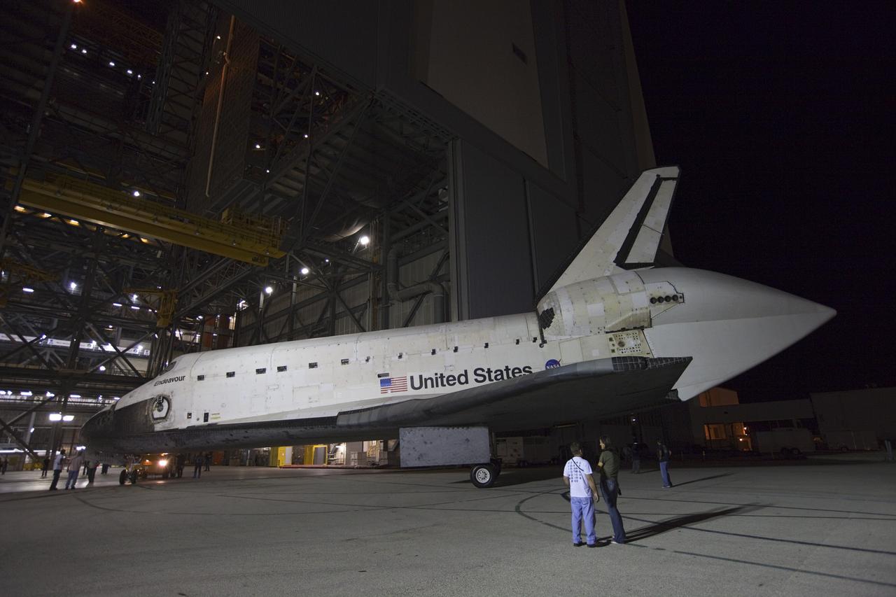 CAPE CANAVERAL, Fla. – Space shuttle Endeavour is moved out of the Vehicle Assembly Building on its way to the Mate- Demate Device, or MDD, at NASA's Kennedy Space Center in Florida. The MDD is located at the Shuttle Landing Facility at Kennedy. The shuttle will be lifted and connected to the top of NASA's Shuttle Carrier Aircraft SCA, a modified 747 jetliner. The shuttle has been fitted with an aerodynamic tailcone for its flight aboard the SCA to Los Angeles where it will be placed on public display. Photo credit: NASA/Kim Shiflett