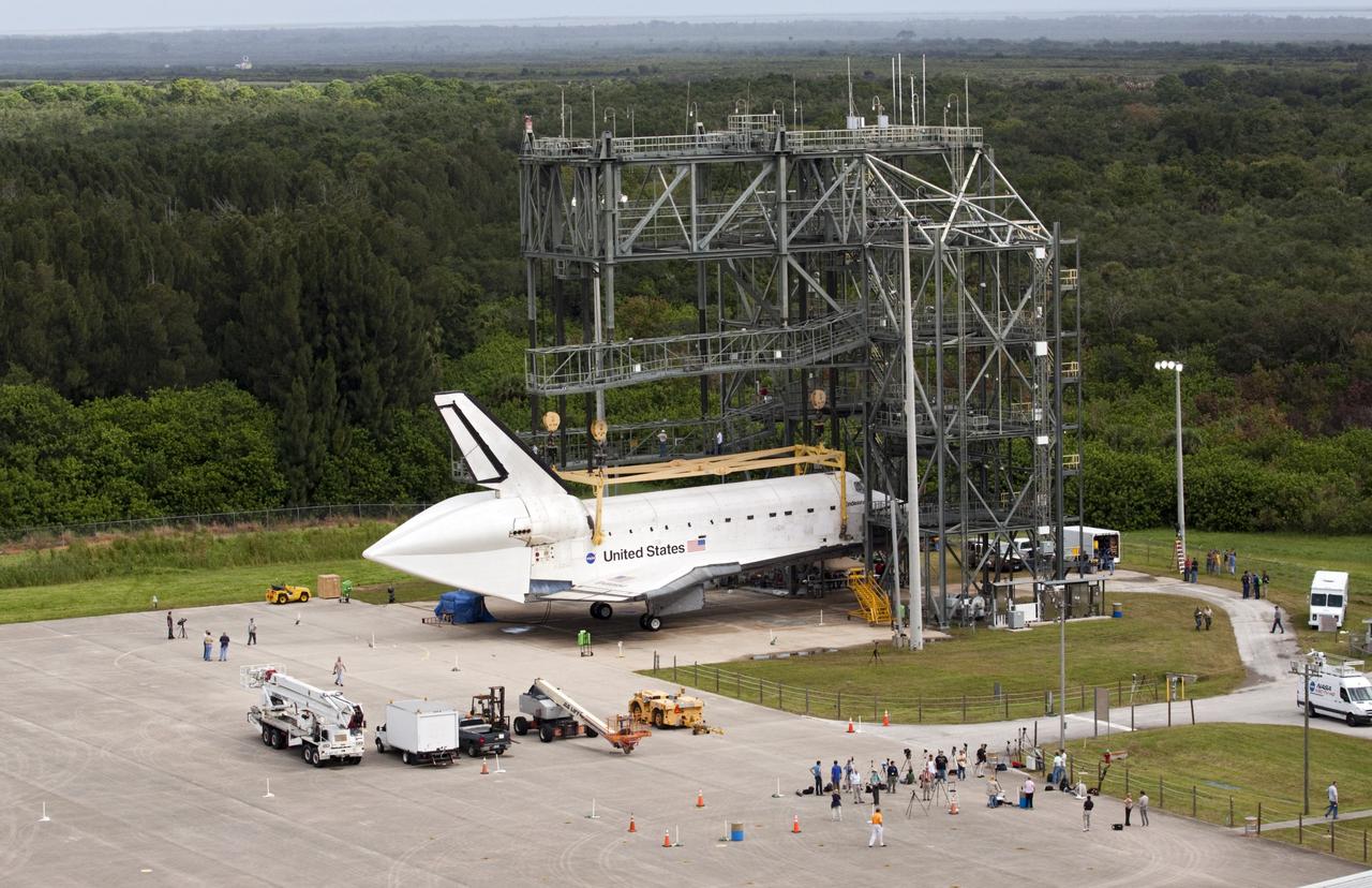 CAPE CANAVERAL, Fla. – Space shuttle Endeavour is seen inside the Mate-Demate Device, or MDD, at the Shuttle Landing Facility at NASA's Kennedy Space Center in Florida. The Shuttle Carrier Aircraft will carry Endeavour to Los Angeles where it will be placed on public display. Photo credit: NASA/Kim Shiflett