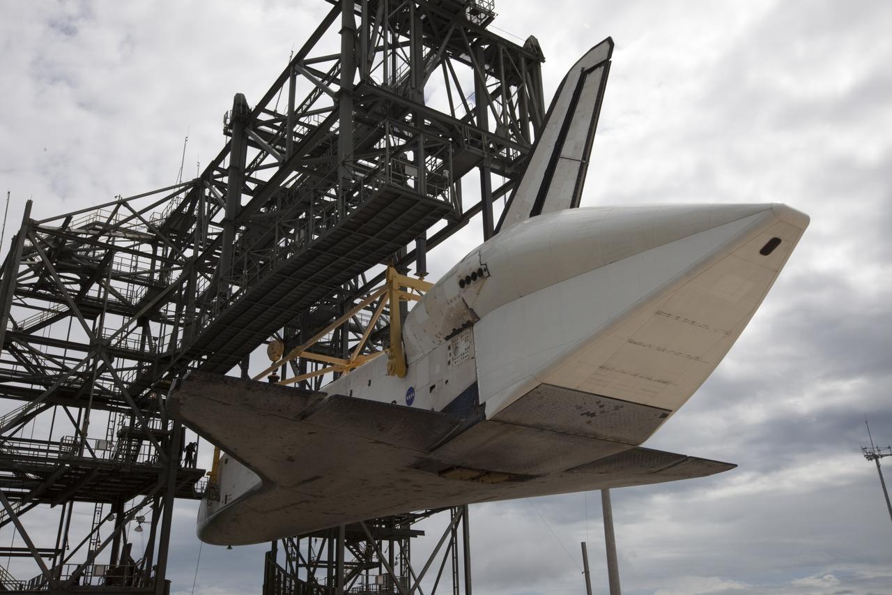 CAPE CANAVERAL, Fla. – Space shuttle Endeavour is lifted into the mate-demate device at the Shuttle Landing Facility at NASA's Kennedy Space Center in Florida. The shuttle will be positioned and connected to the top of NASA's Shuttle Carrier Aircraft, or SCA, with the aid of the device. The shuttle has been fitted with an aerodynamic tailcone for its upcoming ferry flight. The SCA, a modified 747 jetliner, will fly Endeavour to Los Angeles where it will be placed on public display at the California Science Center. This is the final ferry flight scheduled in the Space Shuttle Program era. For more information on the shuttles' transition and retirement, visit http://www.nasa.gov/transition. Photo credit: NASA/Kim Shiflett