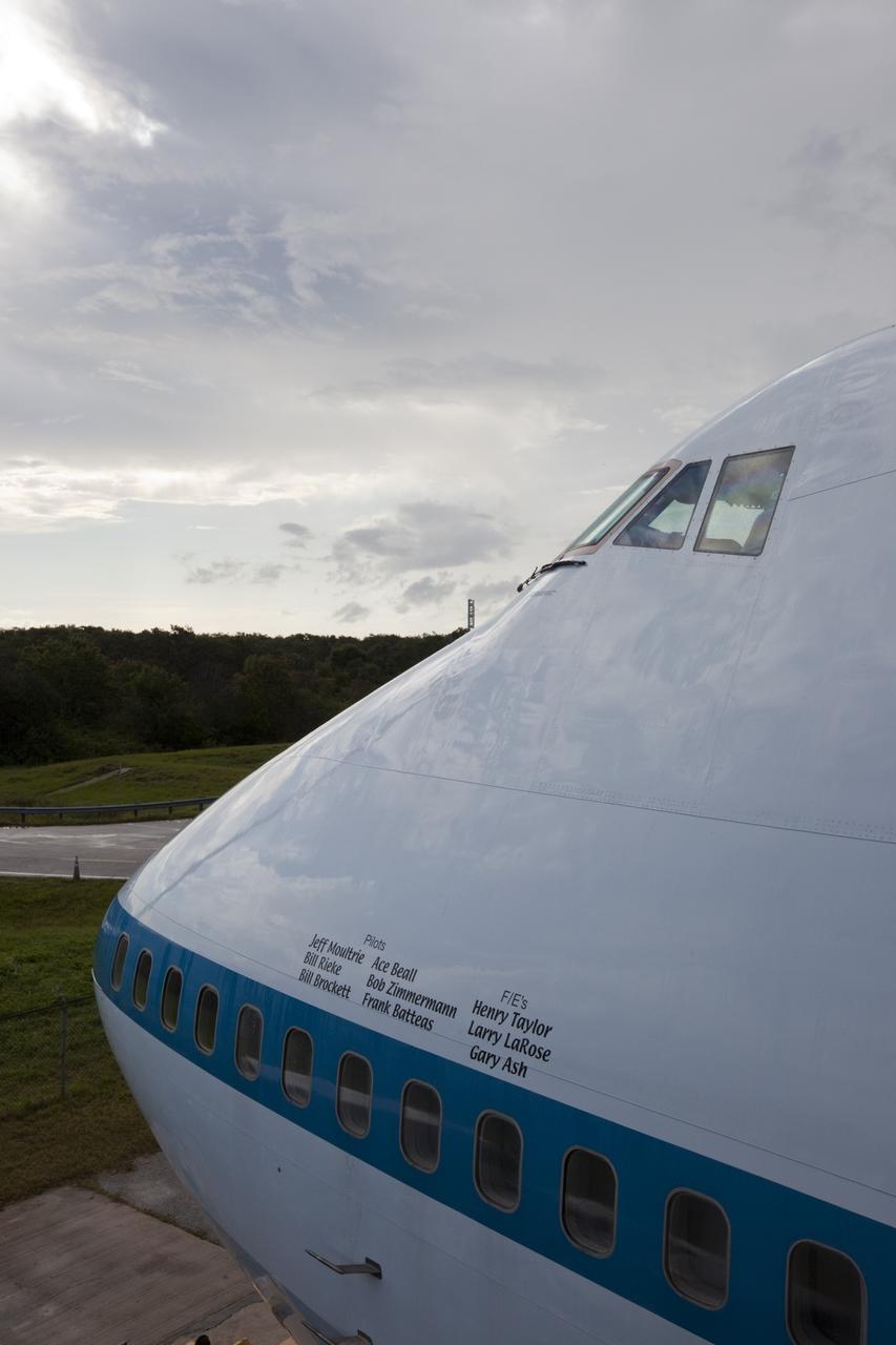 CAPE CANAVERAL, Fla. – The flight crew names are painted near the nose of NASA's Shuttle Carrier Aircraft, or SCA. With the space shuttle Endeavour, mounted atop, the SCA is being prepared to ferry the orbiter to California.      The SCA, a modified 747 jetliner, will fly Endeavour to Los Angeles where it will be placed on public display at the California Science Center. This is the final ferry flight scheduled in the Space Shuttle Program era. For more information on the shuttles' transition and retirement, visit http://www.nasa.gov/transition.  Photo credit: NASA/ Kim Shiflett