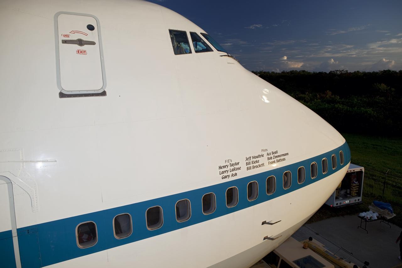 CAPE CANAVERAL, Fla. – The names of the pilots and flight engineers who have flown NASA's Shuttle Carrier Aircraft are painted on its nose. The aircraft, or SCA, is at the Shuttle Landing Facility at NASA's Kennedy Space Center in Florida to ferry space shuttle Endeavour to its permanent home.    The SCA, a modified 747 jetliner, will fly Endeavour to Los Angeles where it will be placed on public display at the California Science Center. This is the final ferry flight scheduled in the Space Shuttle Program era. For more information on the shuttles' transition and retirement, visit http://www.nasa.gov/transition.  Photo credit: NASA/Dimitri Gerondidakis