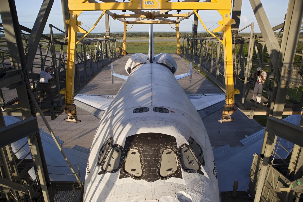 CAPE CANAVERAL, Fla. – Space shuttle Endeavour is detached from the mate-demate device at the Shuttle Landing Facility at NASA's Kennedy Space Center in Florida. Preparations are under way to move Endeavour and the Shuttle Carrier Aircraft, or SCA, to which it is secured away from the structure.    The SCA, a modified 747 jetliner, will fly Endeavour to Los Angeles where it will be placed on public display at the California Science Center. This is the final ferry flight scheduled in the Space Shuttle Program era. For more information on the shuttles' transition and retirement, visit http://www.nasa.gov/transition.  Photo credit: NASA/Dimitri Gerondidakis