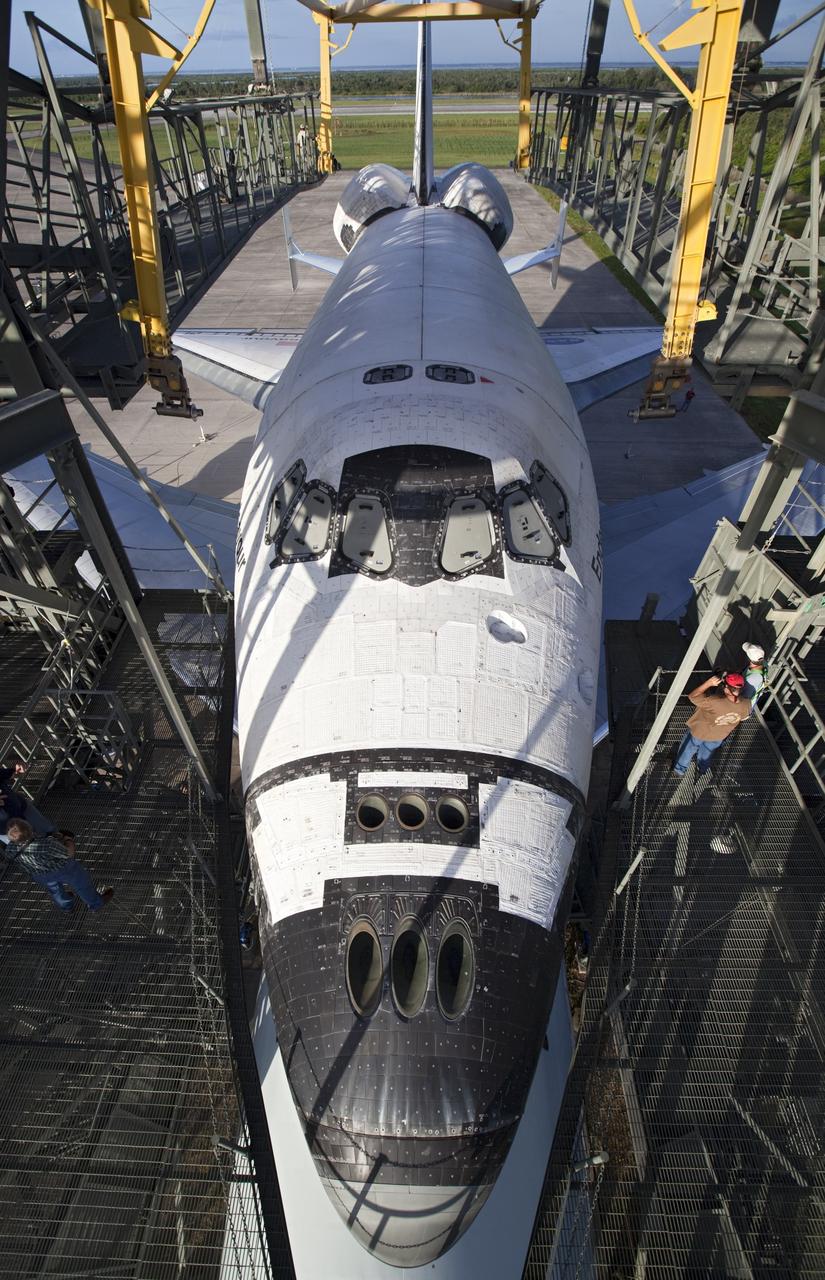 CAPE CANAVERAL, Fla. – Space shuttle Endeavour is detached from the mate-demate device at the Shuttle Landing Facility at NASA's Kennedy Space Center in Florida. Preparations are under way to roll Endeavour and the Shuttle Carrier Aircraft, or SCA, to which it is secured away from the structure.    The SCA, a modified 747 jetliner, will fly Endeavour to Los Angeles where it will be placed on public display at the California Science Center. This is the final ferry flight scheduled in the Space Shuttle Program era. For more information on the shuttles' transition and retirement, visit http://www.nasa.gov/transition.  Photo credit: NASA/Dimitri Gerondidakis