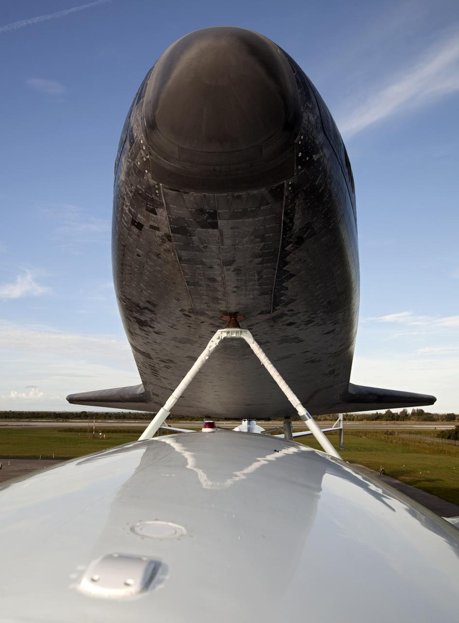 CAPE CANAVERAL, Fla. – Space shuttle Endeavour is balanced and secured atop NASA's Shuttle Carrier Aircraft, or SCA, at the Shuttle Landing Facility at NASA's Kennedy Space Center in Florida.    The SCA, a modified 747 jetliner, will fly Endeavour to Los Angeles where it will be placed on public display at the California Science Center. This is the final ferry flight scheduled in the Space Shuttle Program era. For more information on the shuttles' transition and retirement, visit http://www.nasa.gov/transition.  Photo credit: NASA/Dimitri Gerondidakis