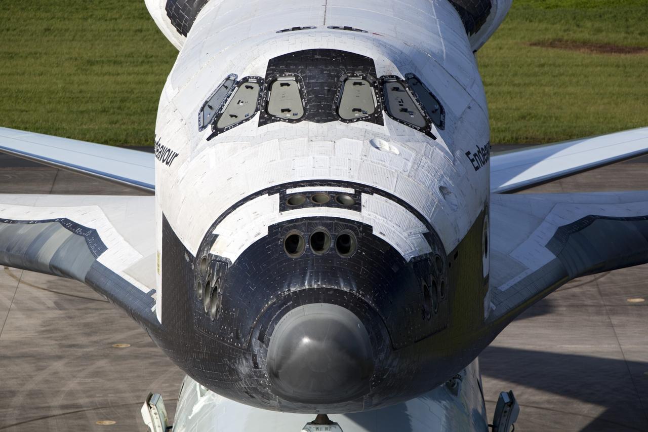 CAPE CANAVERAL, Fla. – Preparations are under way to uncover the cockpit windows on space shuttle Endeavour for an employee photo opportunity at the Shuttle Landing Facility at NASA's Kennedy Space Center in Florida.  Endeavour is balanced and secured atop NASA's Shuttle Carrier Aircraft, or SCA.    The SCA, a modified 747 jetliner, will fly Endeavour to Los Angeles where it will be placed on public display at the California Science Center. This is the final ferry flight scheduled in the Space Shuttle Program era. For more information on the shuttles' transition and retirement, visit http://www.nasa.gov/transition.  Photo credit: NASA/Dimitri Gerondidakis