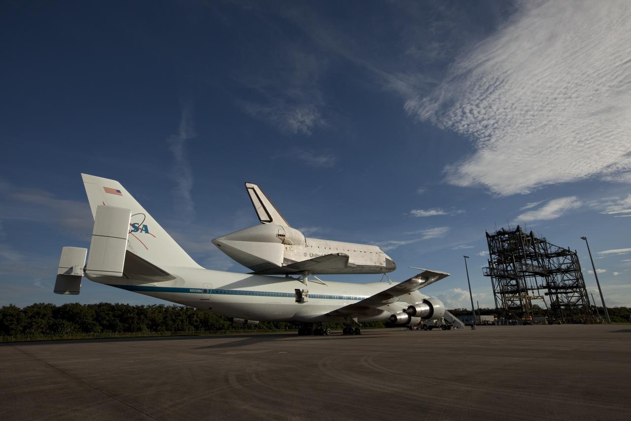 CAPE CANAVERAL, Fla. – At the Shuttle Landing Facility at NASA's Kennedy Space Center in Florida, the space shuttle Endeavour, mounted atop NASA's Shuttle Carrier Aircraft, or SCA, has been rolled back from the mate-demate device.      The SCA, a modified 747 jetliner, will fly Endeavour to Los Angeles where it will be placed on public display at the California Science Center. This is the final ferry flight scheduled in the Space Shuttle Program era. For more information on the shuttles' transition and retirement, visit http://www.nasa.gov/transition.  Photo credit: NASA/Kim Shiflett