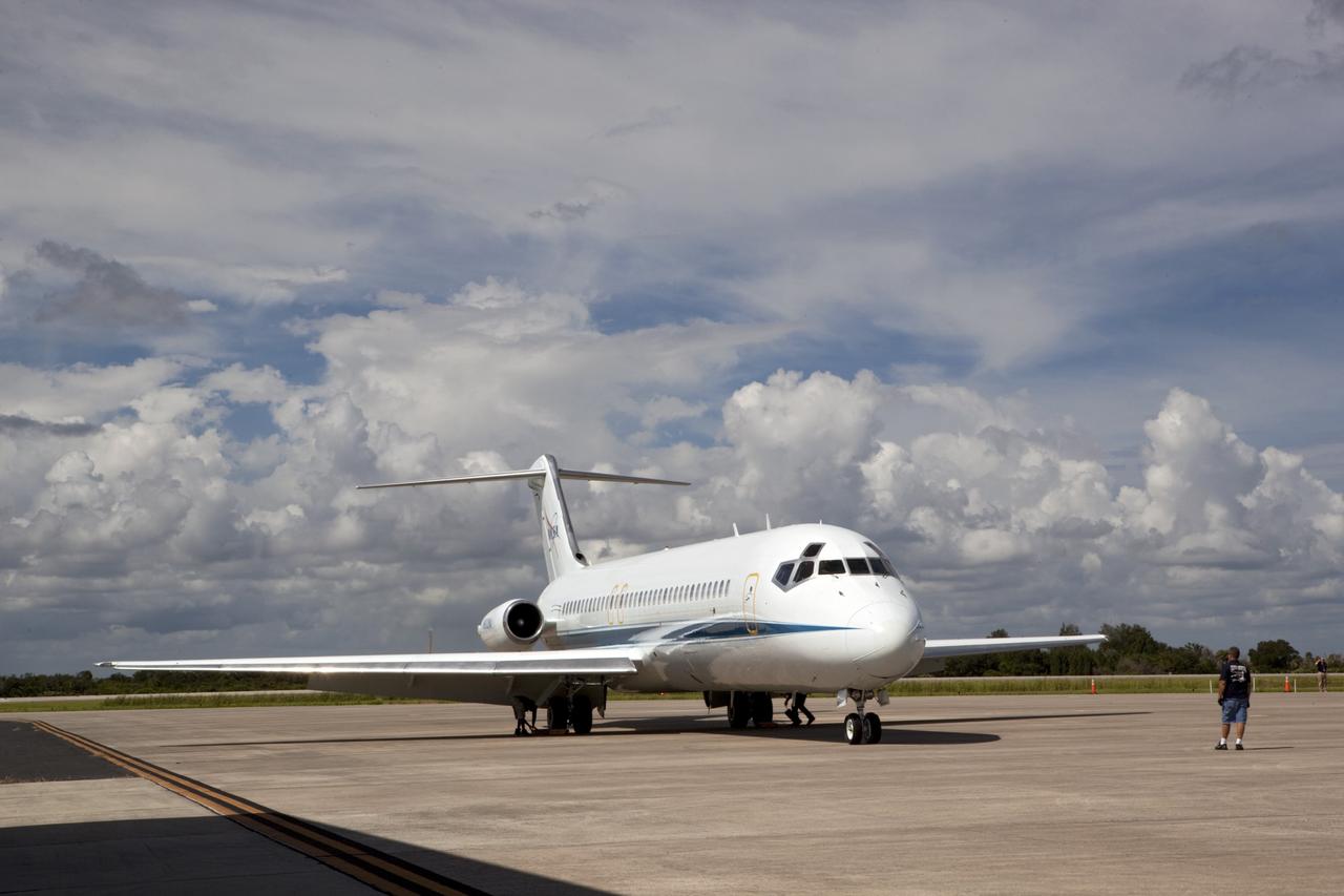 CAPE CANAVERAL, Fla. – A NASA aircraft arrives at the Shuttle Landing Facility at NASA's Kennedy Space Center in Florida. It will serve as a weather pathfinder, flying ahead of the space shuttle Endeavour, mounted atop NASA's Shuttle Carrier Aircraft, or SCA, during its ferry flight to California.      The SCA, a modified 747 jetliner, will fly Endeavour to Los Angeles where it will be placed on public display at the California Science Center. This is the final ferry flight scheduled in the Space Shuttle Program era. For more information on the shuttles' transition and retirement, visit http://www.nasa.gov/transition.  Photo credit: NASA/ Dimitri Gerondidakis