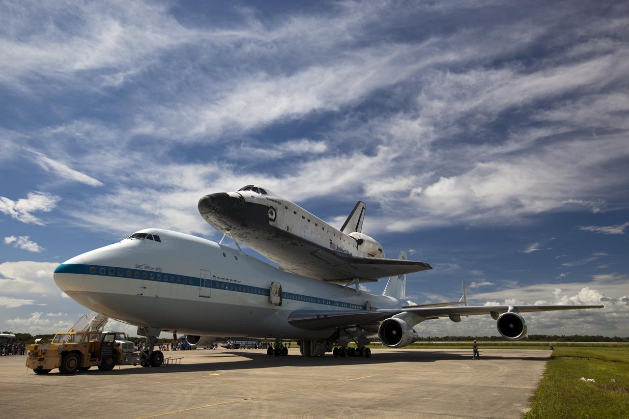 CAPE CANAVERAL, Fla. – At the Shuttle Landing Facility at NASA's Kennedy Space Center in Florida, the space shuttle Endeavour, mounted atop NASA's Shuttle Carrier Aircraft, or SCA, prepares for its ferry flight to California.      The SCA, a modified 747 jetliner, will fly Endeavour to Los Angeles where it will be placed on public display at the California Science Center. This is the final ferry flight scheduled in the Space Shuttle Program era. For more information on the shuttles' transition and retirement, visit http://www.nasa.gov/transition.  Photo credit: NASA/ Dimitri Gerondidakis