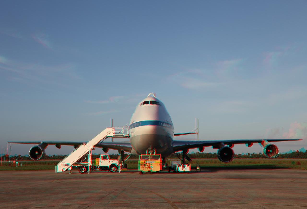 CAPE CANAVERAL, Fla. – This three -dimensional view at the Shuttle Landing Facility at NASA's Kennedy Space Center in Florida, shows the NASA Shuttle Carrier Aircraft, or SCA, which will ferry the space shuttle Endeavour to California.  This image may be viewed in 3-D with red and blue glasses.      The SCA, a modified 747 jetliner, will fly Endeavour to Los Angeles where it will be placed on public display at the California Science Center. This is the final ferry flight scheduled in the Space Shuttle Program era. For more information on the shuttles' transition and retirement, visit http://www.nasa.gov/transition.  Photo credit: NASA/ Frankie Martin
