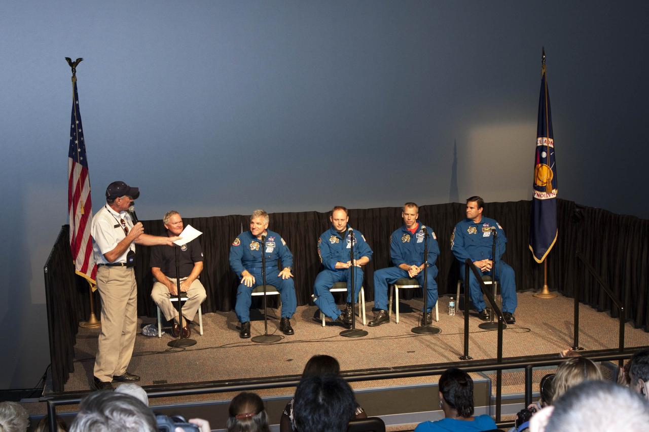 CAPE CANAVERAL, Fla. – Four members of the STS-134 crew answer questions as part of a mission overview at the Visitor Complex of NASA's Kennedy Space Center in Florida. Participating in the event, seated, from the left, former astronaut Bruce Melnick, along with Greg Johnson, Michael Fincke, Andrew Feustel and Gregory Chamitoff.      STS-134 commander Mark Kelly, pilot Greg Johnson and Mission Specialists Michael Fincke, Gregory Chamitoff, Andrew Feustel and European Space Agency astronaut Roberto Vittori lifted off May 16, 2011 aboard space shuttle Endeavour. During the nearly 16-day STS-134 mission, Endeavour delivered to the International Space Station the Alpha Magnetic Spectrometer and spare parts, including two S-band communications antennas and a high-pressure gas tank. This was the 36th shuttle mission to the station and Endeavour's 25th and final flight. For more information, visit: www.nasa.gov/mission_pages/shuttle/shuttlemissions/sts134/main/index.html  Photo credit: NASA/Jim Grossmann