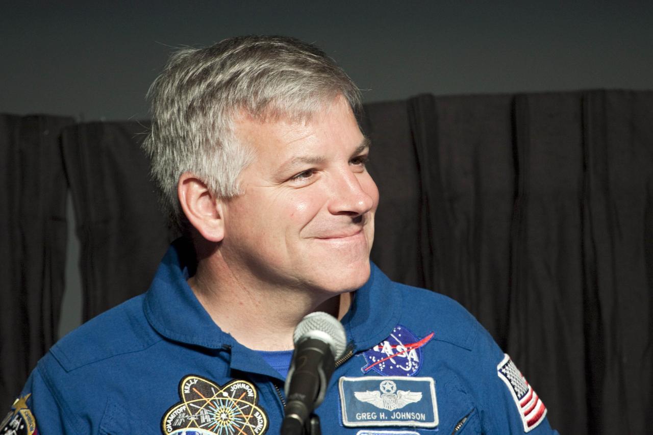 CAPE CANAVERAL, Fla. – STS-134 pilot Greg Johnson speaks to guests about the final mission of the space shuttle Endeavour at the Visitor Complex of NASA's Kennedy Space Center in Florida.      STS-134 commander Mark Kelly, pilot Greg Johnson and Mission Specialists Michael Fincke, Gregory Chamitoff, Andrew Feustel and European Space Agency astronaut Roberto Vittori lifted off May 16, 2011 aboard space shuttle Endeavour. During the nearly 16-day STS-134 mission, Endeavour delivered to the International Space Station the Alpha Magnetic Spectrometer and spare parts, including two S-band communications antennas and a high-pressure gas tank. This was the 36th shuttle mission to the station and Endeavour's 25th and final flight. For more information, visit: www.nasa.gov/mission_pages/shuttle/shuttlemissions/sts134/main/index.html  Photo credit: NASA/Jim Grossmann