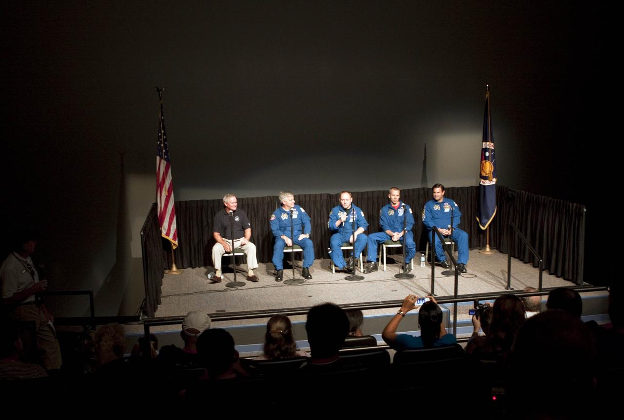 CAPE CANAVERAL, Fla. – Four members of the STS-134 crew answer questions as part of a mission overview at the Visitor Complex of NASA's Kennedy Space Center in Florida. Participating in the event, seated, from the left, former astronaut Bruce Melnick, along with Greg Johnson, Michael Fincke, Andrew Feustel and Gregory Chamitoff.      STS-134 commander Mark Kelly, pilot Greg Johnson and Mission Specialists Michael Fincke, Gregory Chamitoff, Andrew Feustel and European Space Agency astronaut Roberto Vittori lifted off May 16, 2011 aboard space shuttle Endeavour. During the nearly 16-day STS-134 mission, Endeavour delivered to the International Space Station the Alpha Magnetic Spectrometer and spare parts, including two S-band communications antennas and a high-pressure gas tank. This was the 36th shuttle mission to the station and Endeavour's 25th and final flight. For more information, visit: www.nasa.gov/mission_pages/shuttle/shuttlemissions/sts134/main/index.html  Photo credit: NASA/Jim Grossmann