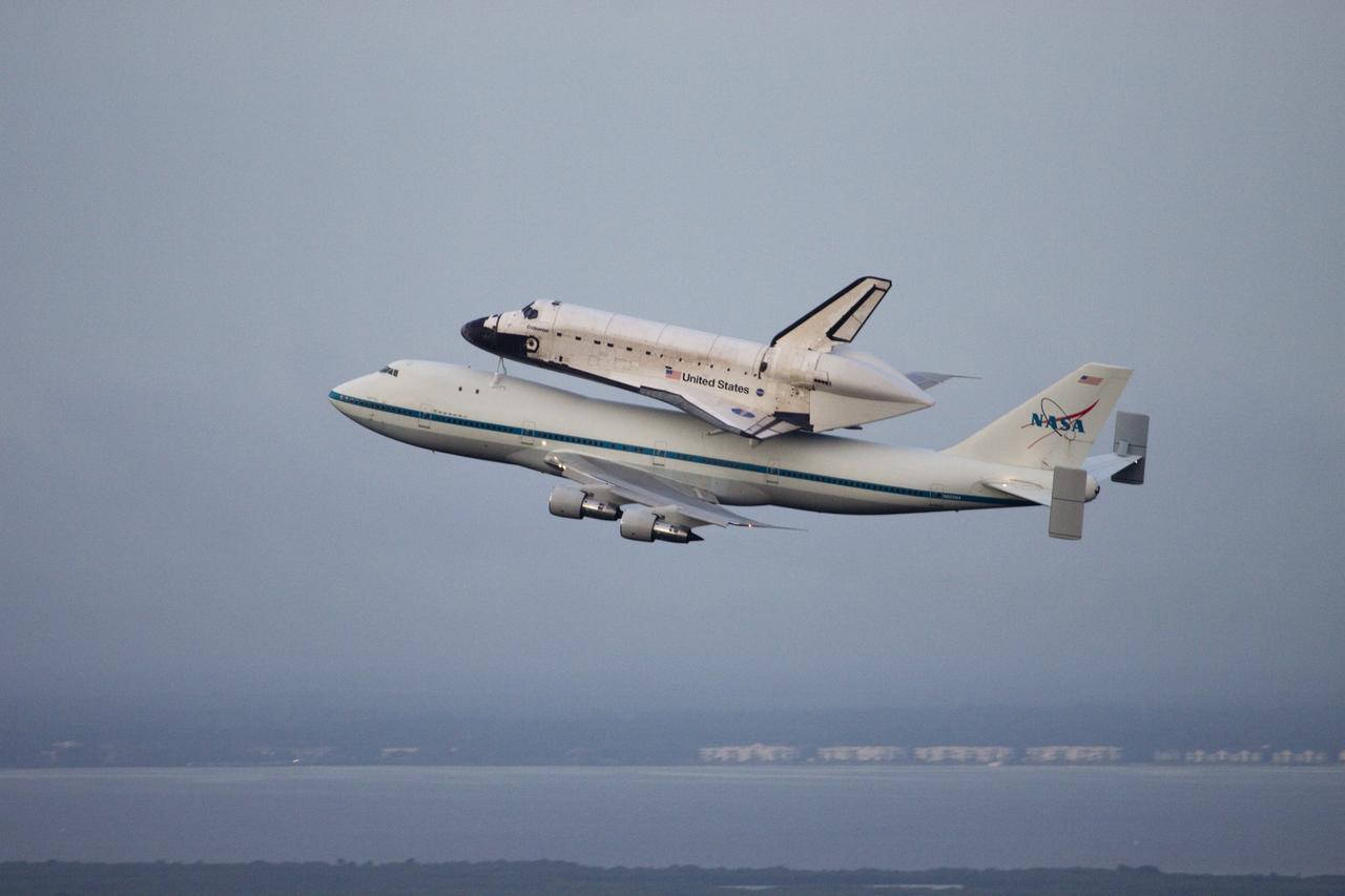 CAPE CANAVERAL, Fla. – At the Shuttle Landing Facility at NASA's Kennedy Space Center in Florida, NASA's Shuttle Carrier Aircraft, or SCA, with the space shuttle Endeavour mounted atop, has just taken off for its ferry flight to California.      The SCA, a modified 747 jetliner, will fly Endeavour to Los Angeles where it will be placed on public display at the California Science Center. This is the final ferry flight scheduled in the Space Shuttle Program era. For more information on the shuttles' transition and retirement, visit http://www.nasa.gov/transition.  Photo credit: NASA/Jim Grossmann