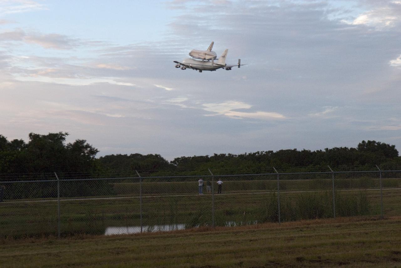 CAPE CANAVERAL, Fla. – At the Shuttle Landing Facility at NASA's Kennedy Space Center in Florida, NASA's Shuttle Carrier Aircraft, or SCA, with the space shuttle Endeavour mounted atop, takes off for its ferry flight to California. The SCA, a modified 747 jetliner, will fly Endeavour to Los Angeles where it will be placed on public display at the California Science Center. This is the final ferry flight scheduled in the Space Shuttle Program era. For more information on the shuttles' transition and retirement, visit http://www.nasa.gov/transition. Photo credit: NASA/George Sampson