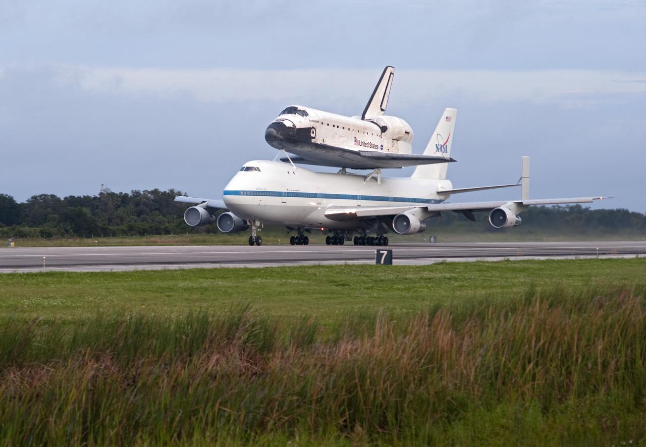 CAPE CANAVERAL, Fla. – Space shuttle Endeavour, mounted atop NASA's Shuttle Carrier Aircraft or SCA, takes off from the Shuttle Landing Facility at NASA's Kennedy Space Center in Florida. The SCA, a modified 747 jetliner, will fly Endeavour to Los Angeles where it will be placed on public display at the California Science Center. This is the final ferry flight scheduled in the Space Shuttle Program era. For more information on the shuttles' transition and retirement, visit http://www.nasa.gov/transition. Photo credit: NASA/Rusty Backer