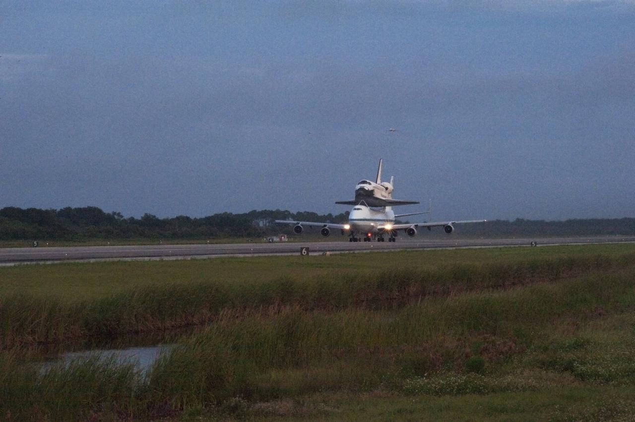CAPE CANAVERAL, Fla. – Space shuttle Endeavour, mounted atop NASA's Shuttle Carrier Aircraft or SCA, takes off from the Shuttle Landing Facility at NASA's Kennedy Space Center in Florida. The SCA, a modified 747 jetliner, will fly Endeavour to Los Angeles where it will be placed on public display at the California Science Center. This is the final ferry flight scheduled in the Space Shuttle Program era. For more information on the shuttles' transition and retirement, visit http://www.nasa.gov/transition. Photo credit: NASA/Rusty Backer