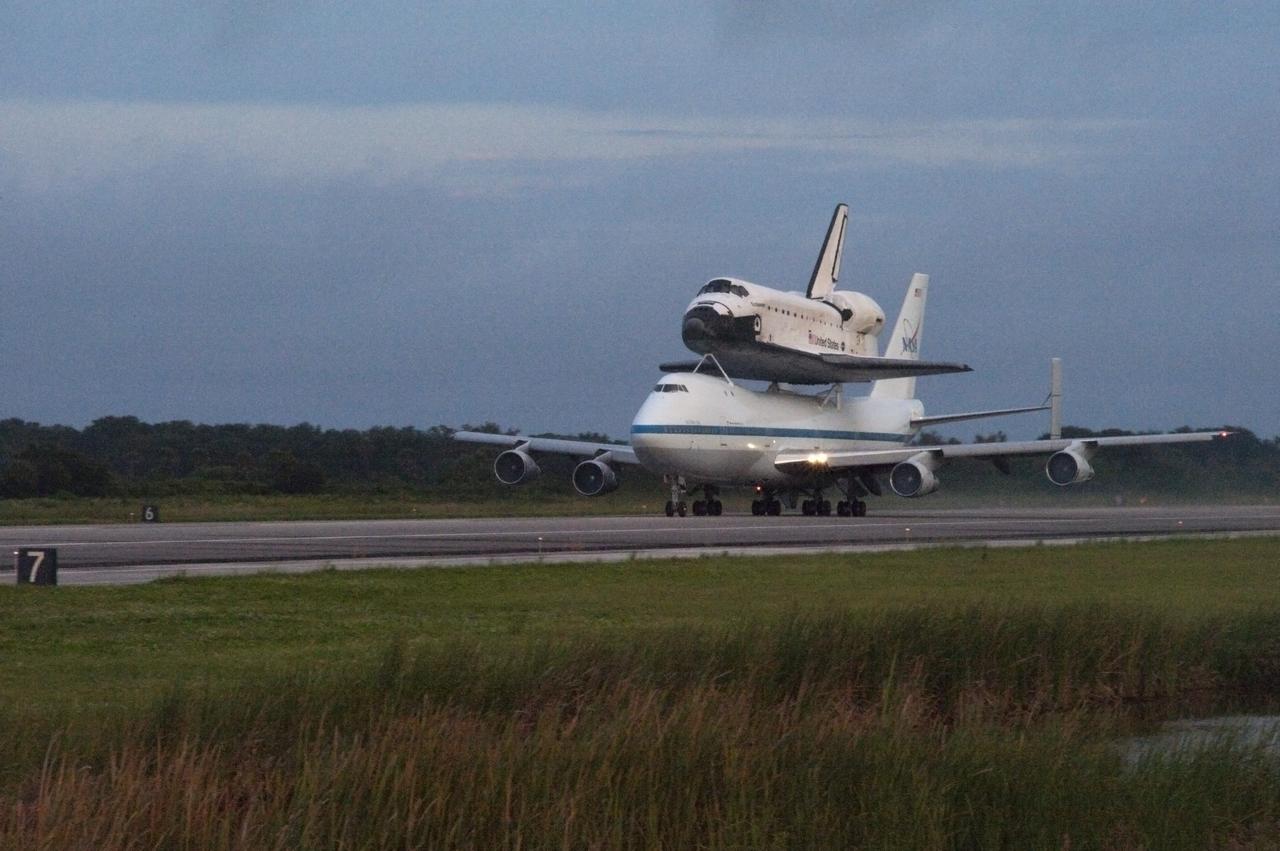 CAPE CANAVERAL, Fla. – Space shuttle Endeavour, mounted atop NASA's Shuttle Carrier Aircraft or SCA, takes off from the Shuttle Landing Facility at NASA's Kennedy Space Center in Florida. The SCA, a modified 747 jetliner, will fly Endeavour to Los Angeles where it will be placed on public display at the California Science Center. This is the final ferry flight scheduled in the Space Shuttle Program era. For more information on the shuttles' transition and retirement, visit http://www.nasa.gov/transition. Photo credit: NASA/Rusty Backer
