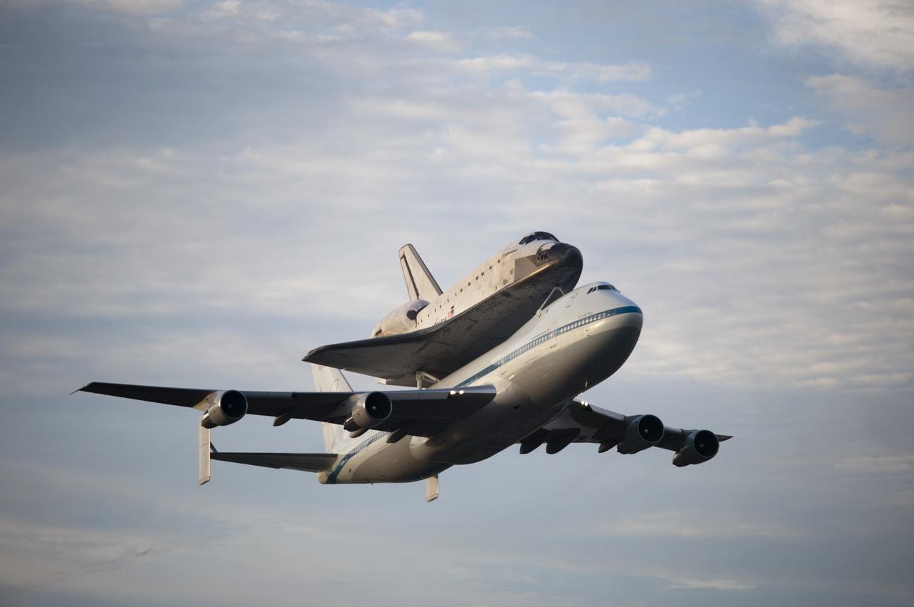 CAPE CANAVERAL, Fla. – Space shuttle Endeavour, mounted atop NASA's Shuttle Carrier Aircraft or SCA, takes off from the Shuttle Landing Facility at NASA's Kennedy Space Center in Florida. The SCA, a modified 747 jetliner, will fly Endeavour to Los Angeles where it will be placed on public display at the California Science Center. This is the final ferry flight scheduled in the Space Shuttle Program era. For more information on the shuttles' transition and retirement, visit http://www.nasa.gov/transition. Photo credit: NASA/Rusty Backer