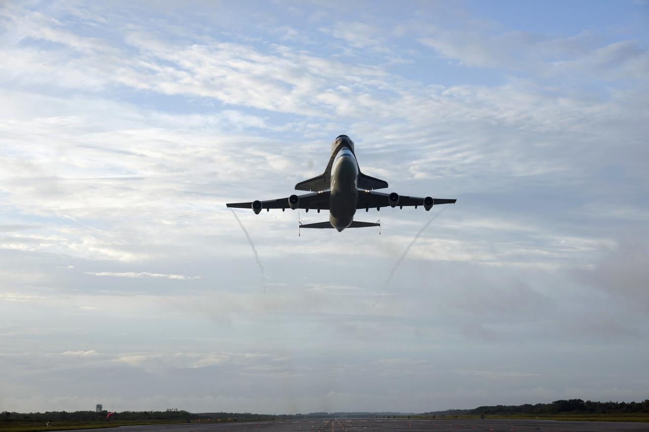 CAPE CANAVERAL, Fla. – Space shuttle Endeavour, mounted atop NASA's Shuttle Carrier Aircraft or SCA, takes off from the Shuttle Landing Facility at NASA's Kennedy Space Center in Florida. The SCA, a modified 747 jetliner, will fly Endeavour to Los Angeles where it will be placed on public display at the California Science Center. This is the final ferry flight scheduled in the Space Shuttle Program era. For more information on the shuttles' transition and retirement, visit http://www.nasa.gov/transition. Photo credit: NASA/Tony Gray and Robert Murray