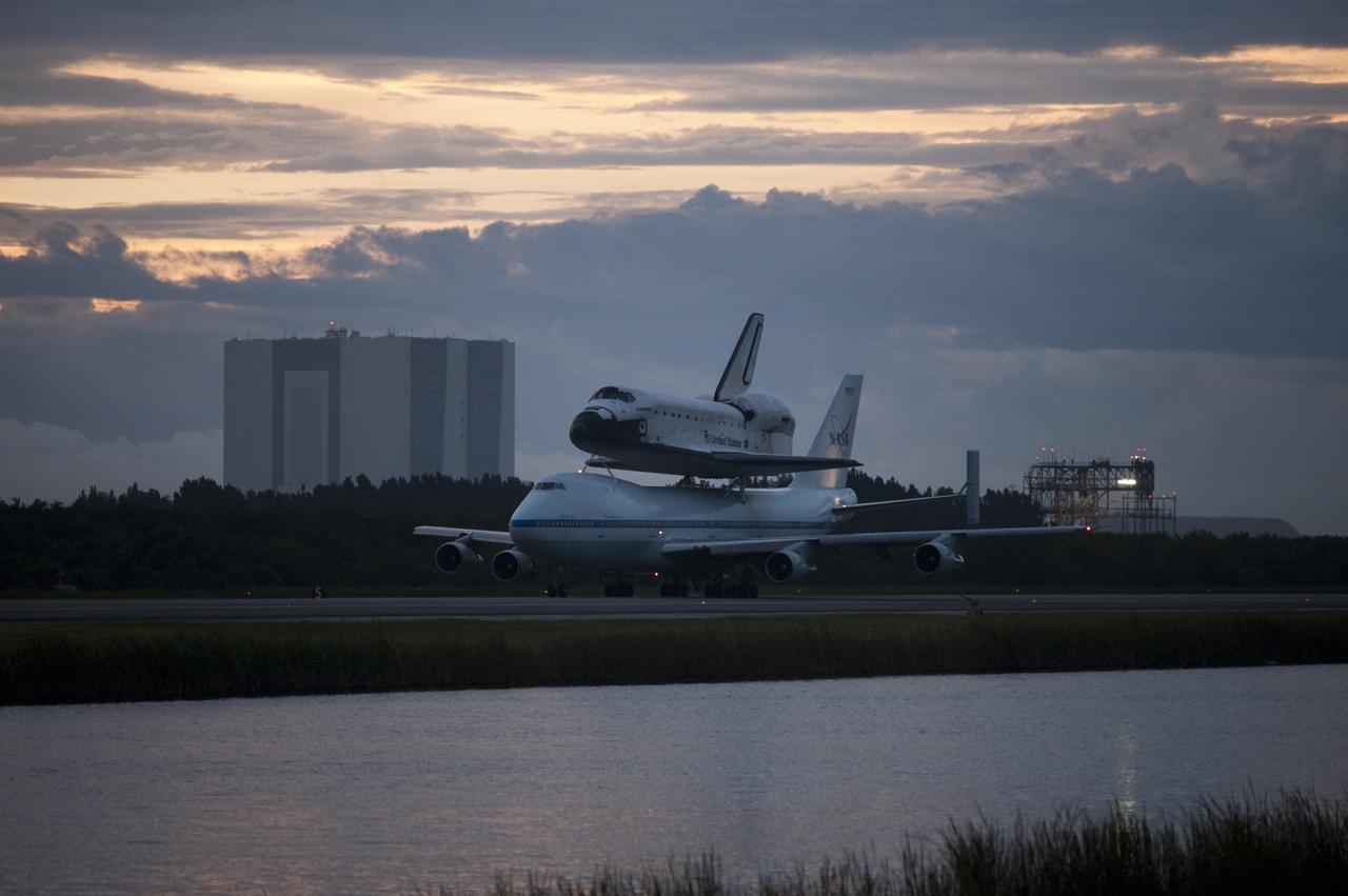 CAPE CANAVERAL, Fla. – Space shuttle Endeavour, mounted atop NASA's Shuttle Carrier Aircraft or SCA, taxis at the Shuttle Landing Facility at NASA's Kennedy Space Center in Florida. The SCA, a modified 747 jetliner, will fly Endeavour to Los Angeles where it will be placed on public display at the California Science Center. This is the final ferry flight scheduled in the Space Shuttle Program era. For more information on the shuttles' transition and retirement, visit http://www.nasa.gov/transition. Photo credit: NASA/Rick Wetherington