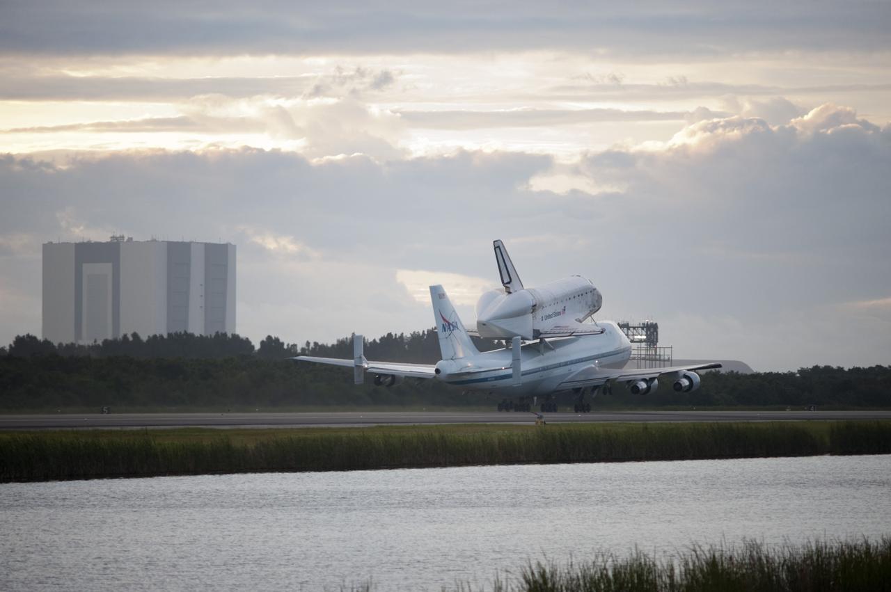 CAPE CANAVERAL, Fla. – Space shuttle Endeavour, mounted atop NASA's Shuttle Carrier Aircraft or SCA, takes off from the Shuttle Landing Facility at NASA's Kennedy Space Center in Florida. The SCA, a modified 747 jetliner, will fly Endeavour to Los Angeles where it will be placed on public display at the California Science Center. This is the final ferry flight scheduled in the Space Shuttle Program era. For more information on the shuttles' transition and retirement, visit http://www.nasa.gov/transition. Photo credit: NASA/Rick Wetherington
