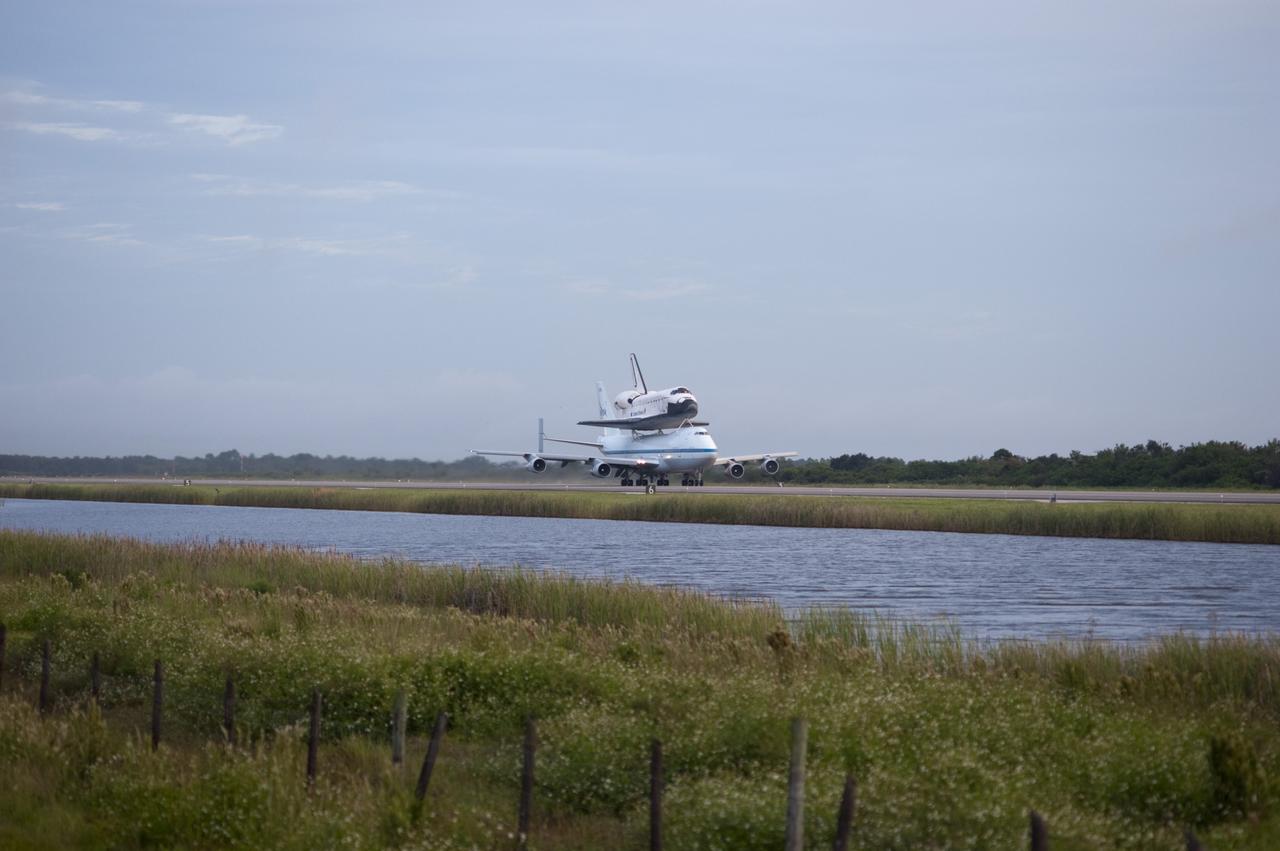 CAPE CANAVERAL, Fla. – Space shuttle Endeavour, mounted atop NASA's Shuttle Carrier Aircraft or SCA, takes off from the Shuttle Landing Facility at NASA's Kennedy Space Center in Florida. The SCA, a modified 747 jetliner, will fly Endeavour to Los Angeles where it will be placed on public display at the California Science Center. This is the final ferry flight scheduled in the Space Shuttle Program era. For more information on the shuttles' transition and retirement, visit http://www.nasa.gov/transition. Photo credit: NASA/Rick Wetherington