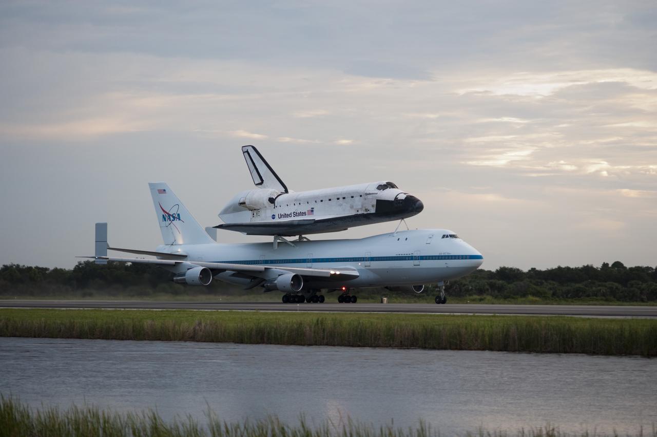 CAPE CANAVERAL, Fla. – Space shuttle Endeavour, mounted atop NASA's Shuttle Carrier Aircraft or SCA, takes off from the Shuttle Landing Facility at NASA's Kennedy Space Center in Florida. The SCA, a modified 747 jetliner, will fly Endeavour to Los Angeles where it will be placed on public display at the California Science Center. This is the final ferry flight scheduled in the Space Shuttle Program era. For more information on the shuttles' transition and retirement, visit http://www.nasa.gov/transition. Photo credit: NASA/Rick Wetherington