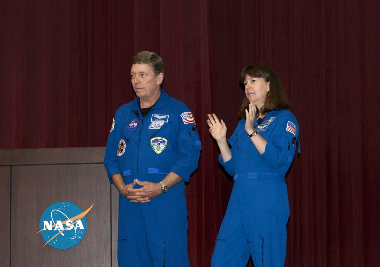 CAPE CANAVERAL, Fla. –NASA astronauts Mike Fossum and Catherine Coleman speak to Kennedy Space Center employees about their experiences aboard the International Space Station. Coleman spent 159 days aboard the station during expeditions 26 and 27. During expeditions 28 and 29, Fossum was in space for 167 days. For more information on the space station, visit http://www.nasa.gov/mission_pages/station/expeditions/index.html Photo credit: NASA/Gianni Woods