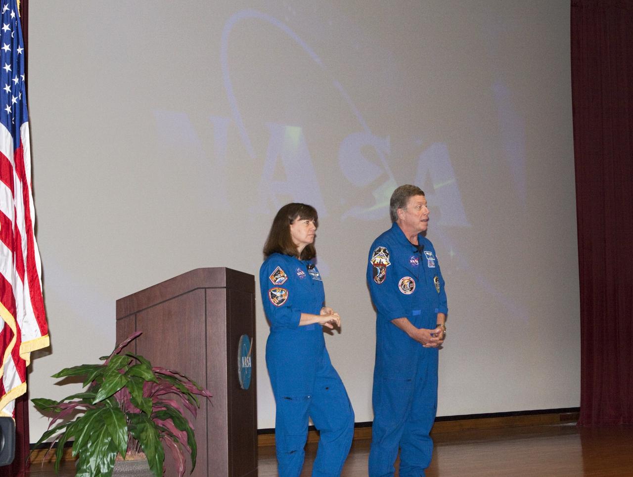 CAPE CANAVERAL, Fla. –NASA astronauts Mike Fossum and Catherine Coleman speak to Kennedy Space Center employees about their experiences aboard the International Space Station. Coleman spent 159 days aboard the station during expeditions 26 and 27. During expeditions 28 and 29, Fossum was in space for 167 days. For more information on the space station, visit http://www.nasa.gov/mission_pages/station/expeditions/index.html Photo credit: NASA/Gianni Woods