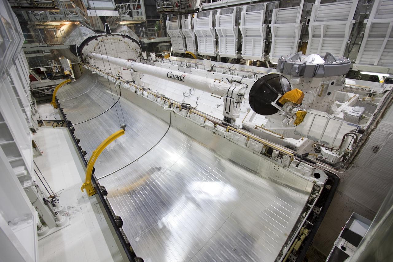 CAPE CANAVERAL, Fla. – Inside Orbiter Processing Facility-2 at NASA’s Kennedy Space Center in Florida, work will begin soon to close space shuttle Atlantis’ payload bay doors for the final time.    The orbiter is undergoing final preparations for its transfer to the Kennedy Space Center Visitor complex targeted for November. The work is part of Transition and Retirement of the remaining shuttle. Atlantis is being prepared for public display at the visitor complex. Over the course of its 26-year career, Atlantis spent 293 days in space during 33 missions. For more information, visit http://www.nasa.gov/transition. Photo credit: NASA/Jim Grossmann