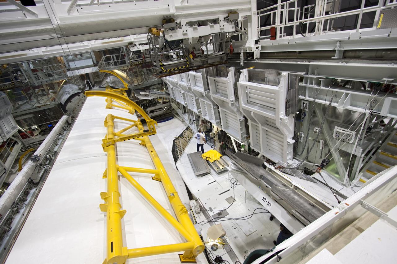 CAPE CANAVERAL, Fla. – Inside Orbiter Processing Facility-2 at NASA’s Kennedy Space Center in Florida, space shuttle Atlantis’ left payload bay door has been closed. Both payload bay doors will be closed for the final time.    The orbiter is undergoing final preparations for its transfer to the Kennedy Space Center Visitor complex targeted for November. The work is part of Transition and Retirement of the remaining shuttle. Atlantis is being prepared for public display at the visitor complex. Over the course of its 26-year career, Atlantis spent 293 days in space during 33 missions. For more information, visit http://www.nasa.gov/transition. Photo credit: NASA/Jim Grossmann