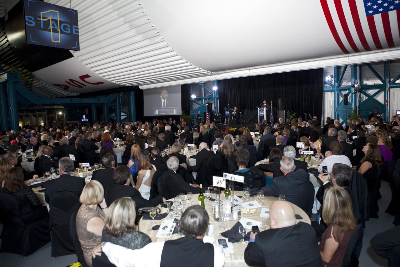 CAPE CANAVERAL, Fla. – Hundreds of attendees listened to NASA Administrator Charlie Bolden during Kennedy Space Center’s 50th Anniversary Gala event at the Kennedy Space Center Visitor Complex Apollo/Saturn V Center in Florida. The gala was coordinated by Kennedy Space Center and the National Space Club Florida Committee with the theme, “Celebrating the Past and Preparing for the Future.” The event was attended by about 650 current and retired NASA and contractor workers, dignitaries, and several former Kennedy Space Center directors. Photo credit: NASA/Kim Shiflett
