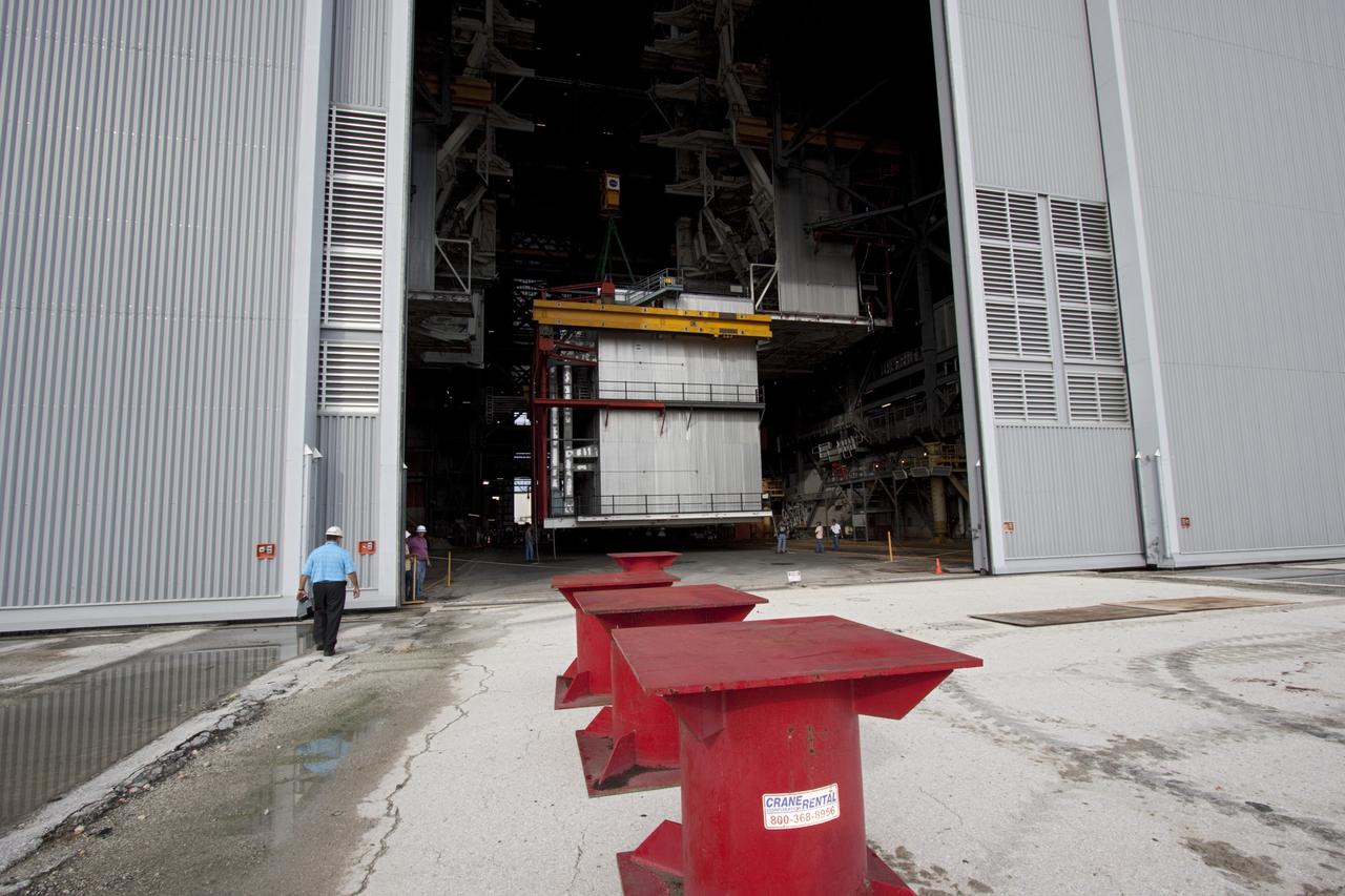 CAPE CANAVERAL, Fla. – As part of NASA's Ground Systems Development and Operations Program at the Kennedy Space Center in Florida, a large work platform is being removed from the Vehicle Assembly Building, or VAB. As part of a modernization effort, flexible settings are being designed for multiple launch vehicles instead of the whole building supporting one design. The Ground Systems Development and Operations Program is developing the necessary ground systems, infrastructure and operational approaches required to safely process, assemble, transport and launch the next generation of rockets and spacecraft in support of NASA’s exploration objectives. Future work also will replace the antiquated communications, power and vehicle access resources with modern efficient systems. Some of the utilities and systems slated for replacement have been used since the VAB opened in 1965. For more information, visit http://www.nasa.gov/exploration/systems/ground/index.html Photo credit: NASA/Jim Grossmann