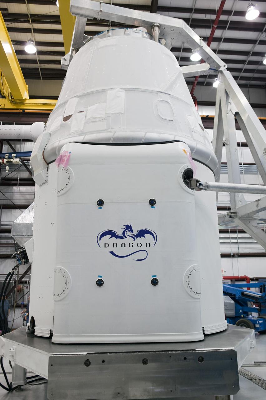 CAPE CANAVERAL, Fla. - A Space Exploration Technologies, or SpaceX, Dragon spacecraft is being prepared for the company's first Commercial Resupply Services, or CRS-1, mission to the International Space Station. The capsule is scheduled to lift off on Oct. 7, 2012 from Space Launch Complex 40 at Cape Canaveral Air Force Station in Florida aboard a Falcon 9 rocket. The mission will be the company's second demonstration test flight for NASA's Commercial Orbital Transportation Services Program, or COTS. The SpaceX CRS contract with NASA provides for 12 cargo resupply missions to the station through 2015, the first of which is targeted to launch in October 2012.SpaceX became the first private company to berth a spacecraft with the space station in 2012 during its final demonstration flight under the Commercial Orbital Transportation Services, or COTS, program managed by NASA's Johnson Space Center in Houston. For more information, visit http://www.nasa.gov/mission_pages/station/living/launch/index.htmlPhoto credit: NASA/Ben Smegelsky