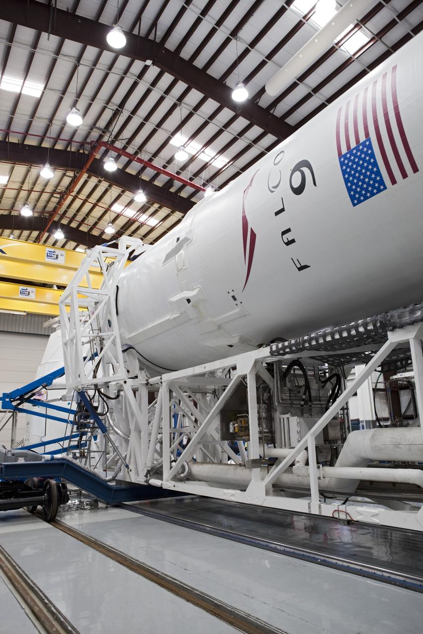 CAPE CANAVERAL, Fla. - A Space Exploration Technologies, or SpaceX, Falcon 9 rocket is being prepared for the company's first Commercial Resupply Services, or CRS-1, mission to send a Dragon spacecraft to the International Space Station. The rocket is scheduled to lift off on Oct. 7, 2012 from Space Launch Complex 40 at Cape Canaveral Air Force Station in Florida. The mission will be the company's second demonstration test flight for NASA's Commercial Orbital Transportation Services Program, or COTS. The SpaceX CRS contract with NASA provides for 12 cargo resupply missions to the station through 2015, the first of which is targeted to launch in October 2012.SpaceX became the first private company to berth a spacecraft with the space station in 2012 during its final demonstration flight under the Commercial Orbital Transportation Services, or COTS, program managed by NASA's Johnson Space Center in Houston. For more information, visit http://www.nasa.gov/mission_pages/station/living/launch/index.htmlPhoto credit: NASA/Ben Smegelsky